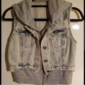 Sleeveless denim layered shirt vest hoodie jacket.